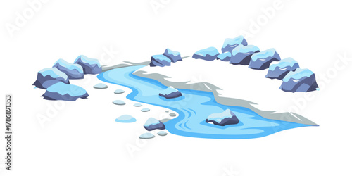 A winding river flows through a rocky landscape, with smooth, rounded stones lining the banks and scattered throughout the water