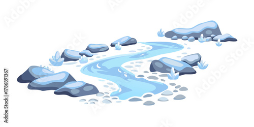 A winding river flows through a rocky landscape, with snowcovered stones and sparse vegetation, creating a serene and picturesque winter scene