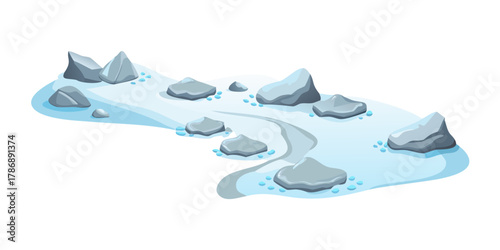 A serene winter landscape with a winding snowy path, scattered rocks, and a peaceful atmosphere