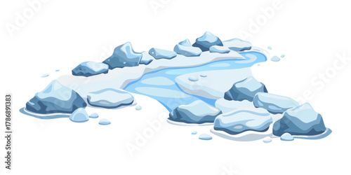 A winding river flows through a rocky, snowcovered landscape, with icy formations and sparse vegetation, creating a serene and picturesque winter scene