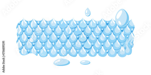 A collection of water droplets arranged in a pattern, the droplets are light blue and reflect light, giving them a shiny appearance