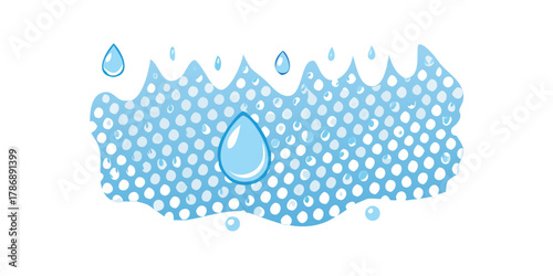 A pattern of water droplets with a halftone effect, the droplets are blue and vary in size, creating a dynamic and refreshing feel