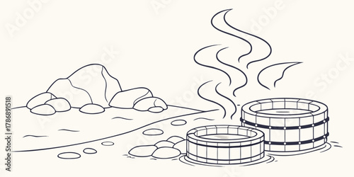 Illustration of an outdoor hot spring, showing the tranquil scene of wooden tubs, steaming water, and natural rocks in a serene setting