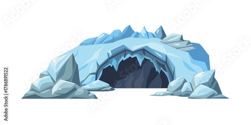 A chilly ice cave entrance, a frozen wonderland with jagged icicles hanging from the roof, and a mysterious dark opening beckoning adventurers