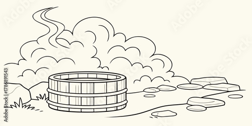 Illustration of a single hot spring, featuring a wooden tub with steaming water, surrounded by rocks and a tranquil natural setting