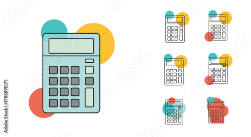 A collection of calculator icons in flat design style, featuring a large colored one and several smaller outlined versions with colorful circles.