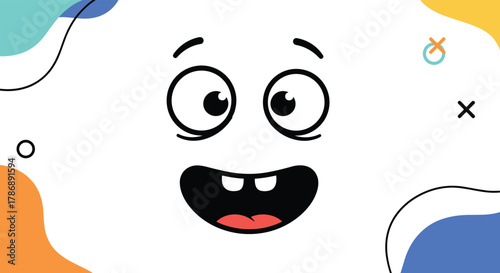 Whimsical cartoon face with wide eyes and a cheerful smile, set against a playful background of abstract shapes and minimalist elements.