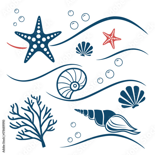 A delightful nautical illustration showcasing a starfish, seashell, nautilus, coral, and waves, capturing the essence of the ocean and summertime