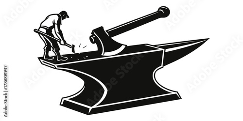 A blacksmith working on an anvil, showcasing the traditional craft of metalworking and the tools used in forging and shaping metal