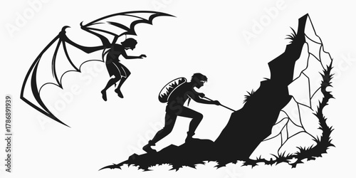Silhouette of a climber and a winged man, symbolizing adventure, challenge, and the pursuit of dreams in a fantasy setting
