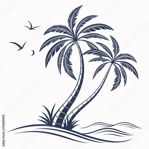 Two palm trees sway gently in the breeze, evoking the tranquility of a tropical paradise with birds flying above