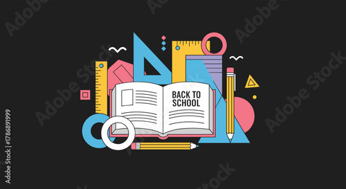 Modern geometric illustration of school essentials, including an open book with "BACK TO SCHOOL" text, rulers, and a pencil, set against a dark backdrop.