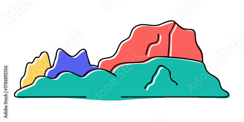 Vibrant illustration of a mountain range with colorful peaks and lush greenery, the mountains are depicted in a playful, cartoonish style