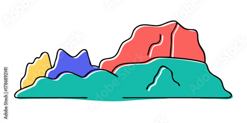 Vibrant illustration of a mountain range with colorful peaks and lush greenery, the mountains are depicted in a playful, cartoonish style