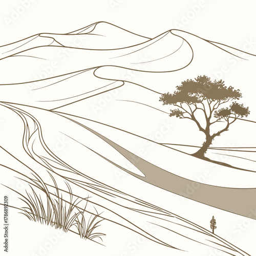 A serene desert landscape illustration featuring rolling sand dunes, a solitary tree, and a figure walking along a path