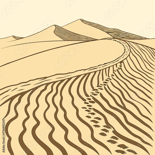 A captivating illustration portrays a winding path through majestic sand dunes, inviting viewers to embark on a desert adventure and discover the beauty of nature