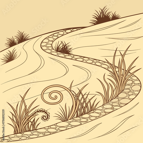 A serene illustration depicts a winding stone path amidst lush grass, creating a tranquil scene that invites viewers to wander and appreciate the beauty of nature