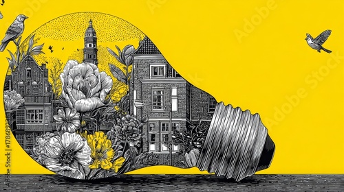 Giant light bulb with a blooming city inside, black and white design with yellow accents, futuristic urban concept, imaginative cityscape in glass bulb.