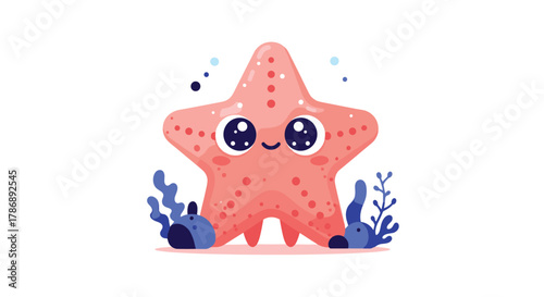 An adorable cartoon starfish with big, sparkly eyes smiles happily, surrounded by blue coral and gentle bubbles in a pristine underwater scene.