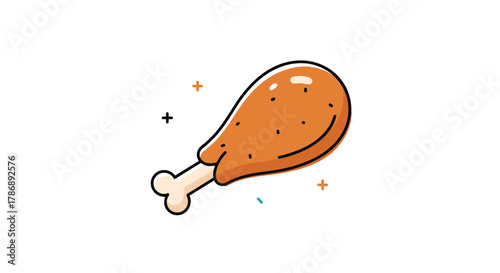 A fun, outlined cartoon-style illustration of a crispy fried chicken drumstick with subtle decorative elements on a clean white background.