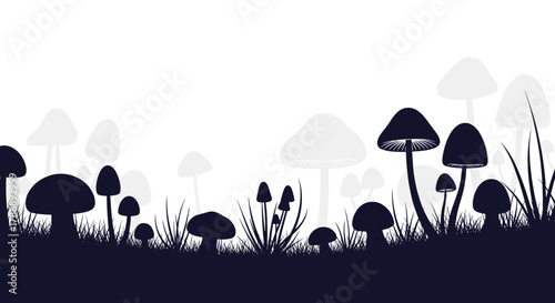 Minimalist silhouette illustration depicting a serene mushroom forest with various fungi and tall grass against a bright, clean background.