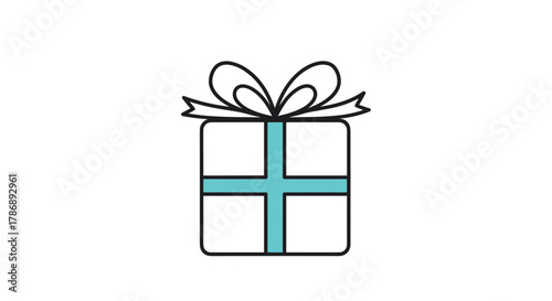 A simple, elegant illustration of a gift box wrapped with a turquoise ribbon and topped with a festive bow, symbolizing celebration and surprise.