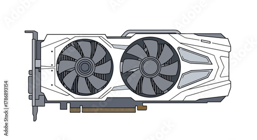 Vector illustration of a modern white dual-fan graphics processing unit (GPU) with a clean design for high-performance computing.
