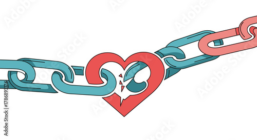A symbolic image of a chain with a broken red heart as a central link, representing vulnerability, broken bonds, or a fragile connection.