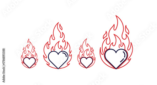 A graphic illustration of four hearts engulfed in vibrant red flames, representing burning love, passion, and strong emotions.
