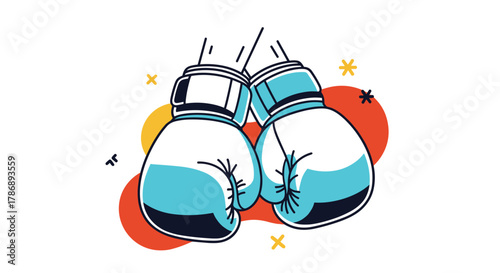 Two blue boxing gloves hanging side-by-side, symbolizing sport, competition, or a challenge in a vibrant, illustrative style.