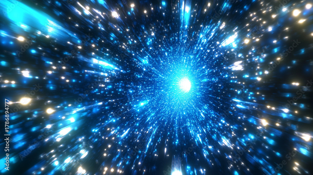 Naklejka premium A luminous tunnel stretches into infinity, visualizing the speed of light with radiant streaks, glowing motion, and a dynamic, futuristic sense of endless energy.