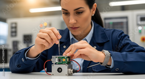 Female Engineer Adjusting Sensor Device Close-Up