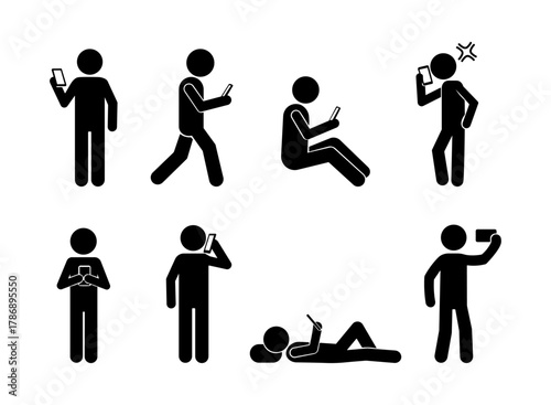 Stickman using smartphone set, people talking, texting, walking, and taking selfie, black silhouette vector illustration on white background.