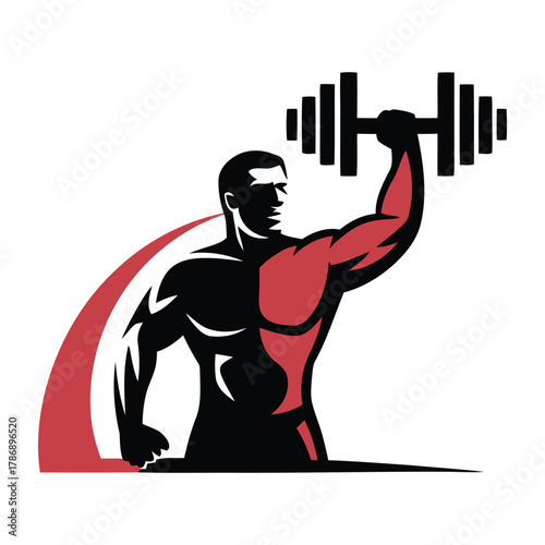Muscular man lifts dumbbell with red accent