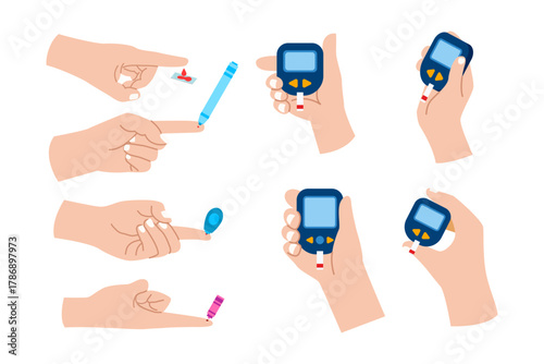 Set of hand holding glucometer and finger pricks set collection. Taking of blood from a finger for analysis. Finger pricking for blood test using a lancet. Test sugar check level in blood, diabetes.