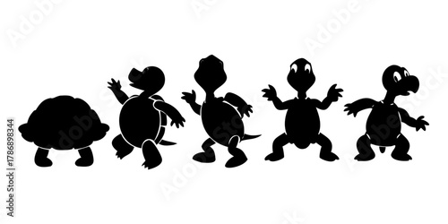 Collection of diverse black turtle silhouettes showcasing various poses and limb positions against a white background
