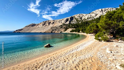 Fototapeta Naklejka Na Ścianę i Meble -  Idyllic Beach Scene - Turquoise Waters and Rocky Mountains in Croatia.