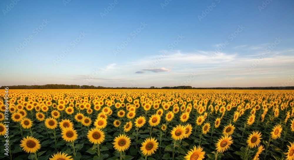 Fototapeta premium Vast Sunflower Field Under a Clear Blue Sky at Sunset.