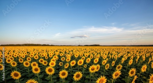 Vast Sunflower Field Under a Clear Blue Sky at Sunset.