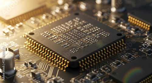 Macro Close-Up of Microchip on Circuit Board