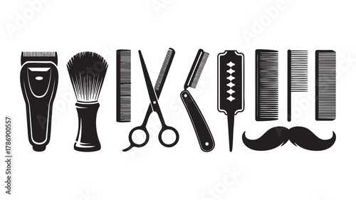 Barber shop tools and mustache silhouette