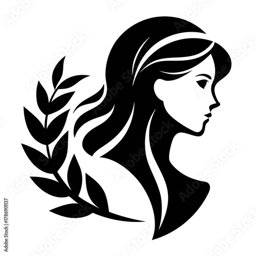 A woman profile with flowing hair and a laurel branch black and white vector on white background.