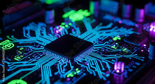 Neon-Lit Circuit Board Close-Up