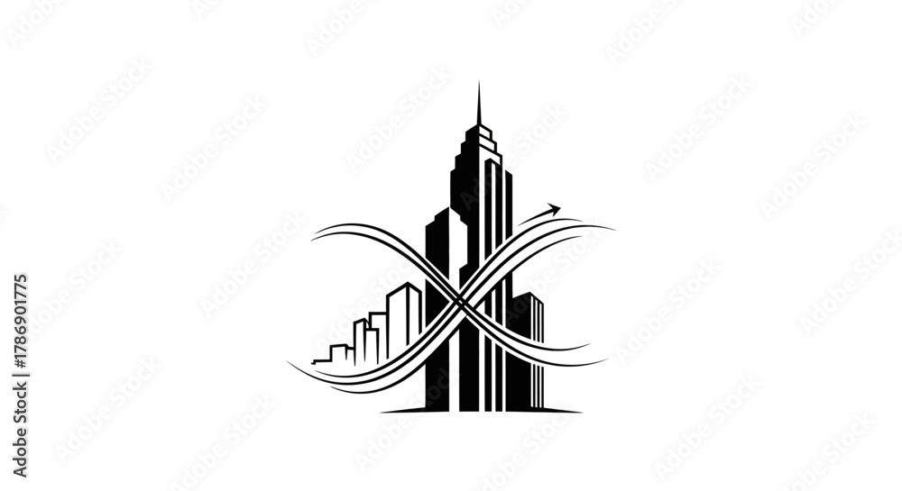 Fototapeta premium Elegant real estate corporate logo vector, black and white skyscraper silhouette integrated with abstract line art