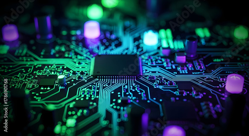 Neon-Lit Circuit Board Close-Up