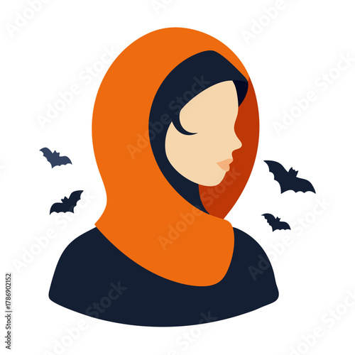 Bat pattern profile of a woman wearing a hijab vector on white background.