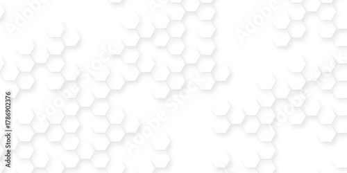 White surface with hexagonal shapes showing on the right side,  geometric hexagonal honeycomb shape texture, geometric polygon science biology background.
