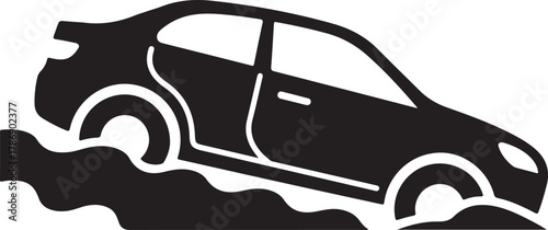 Off-road car silhouette icon vector with rugged terrain and upward motion, editable stroke design for automotive performance, adventure driving, and terrain navigation.