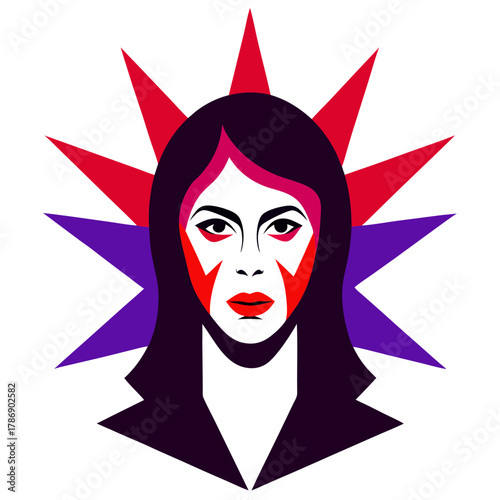 Woman with striking red and purple geometric face paint  vector on white background.