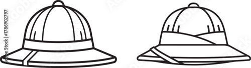 Safari Pith Helmet Outline Icons.  Adventure, exploration, and vintage travel graphic elements